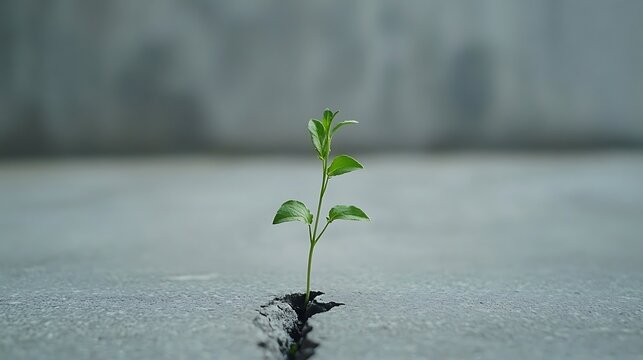 A small green plant sprouting from a crack in the concrete asphalt representing hope resilience and growth against all odds
