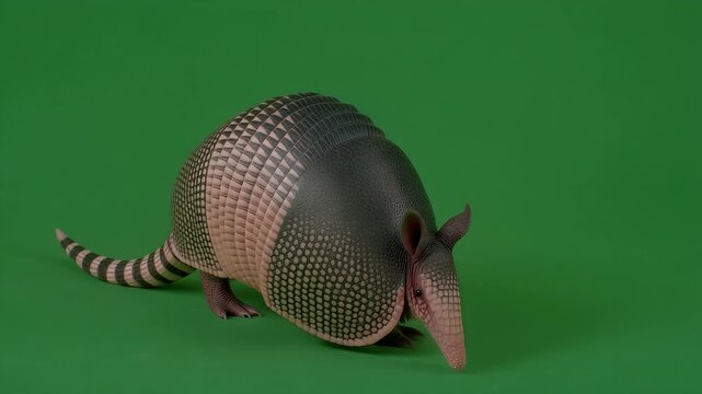 A realistic, full body shot of an armadillo against a vibrant green background, showcasing its unique armored shell and segmented tail