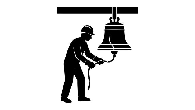 Bell Ringer Silhouette: A stark black silhouette of a bell ringer, wearing a hard hat and safety gear, pulls the rope to ring a large bell suspended from a beam.