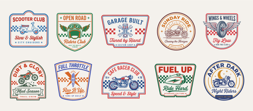 Retro motorcycle badges, celebrate motorcycle culture. Vintage emblems inspire highway freedom. Custom garage logos convey speed. Classic motor graphics define lifestyle.