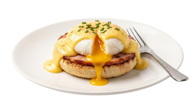 Classic eggs benedict with runny yolk and hollandaise sauce, gourmet poached egg on English muffin, delicious breakfast meal with ham and chives isolated PNG with Transparent Background