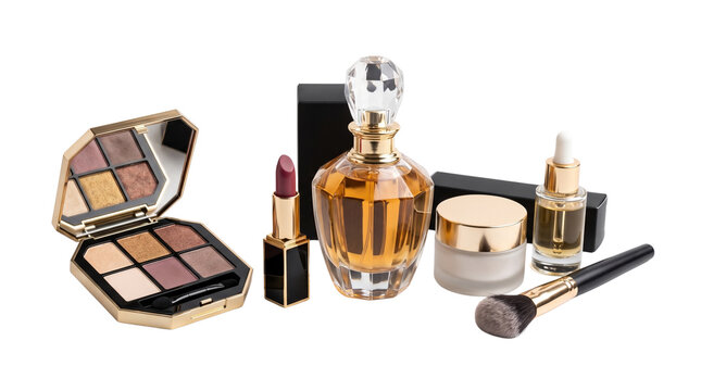 Luxury cosmetics collection set, premium makeup accessories and perfume bottle, elegant beauty products isolated on white background