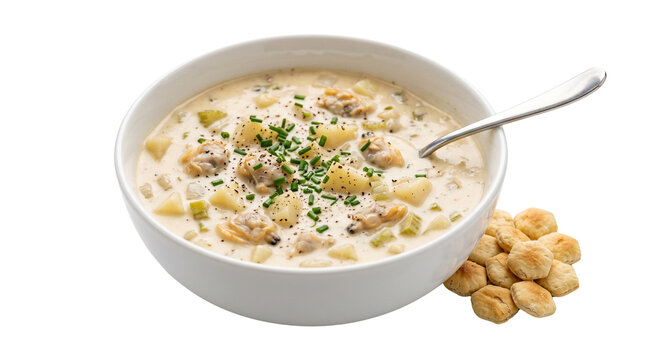Creamy clam chowder with fresh chives, hearty seafood soup with potatoes and clams, traditional meal with oyster crackers and spoon isolated PNG with Transparent Background