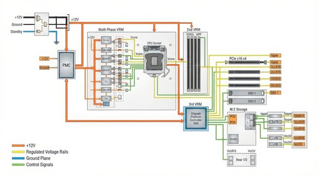 A Detailed Technical Diagram Illustrating Computer Motherboard Power Delivery And Signal Routing Architecture