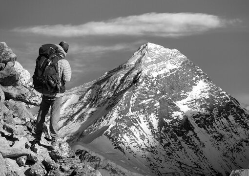 Mount Everest black and white with tourist Nepal