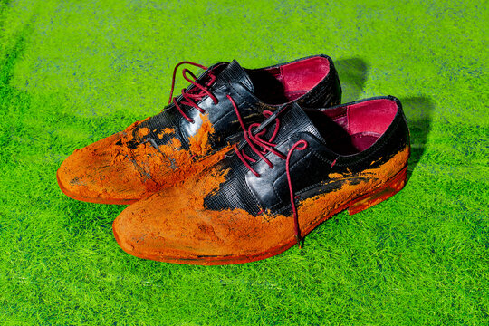 close-up of muddy black leather shoes for men on a grass-like surface