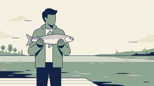 Fisherman holding up a freshly caught fish by a peaceful lake, minimalist outdoor fishing illustration with scenic landscape and copy space