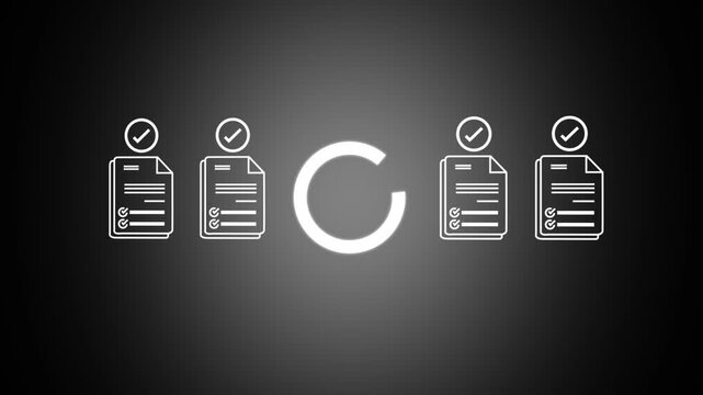 Animated checklist process with checkmark document approval and task completion concept on dark background