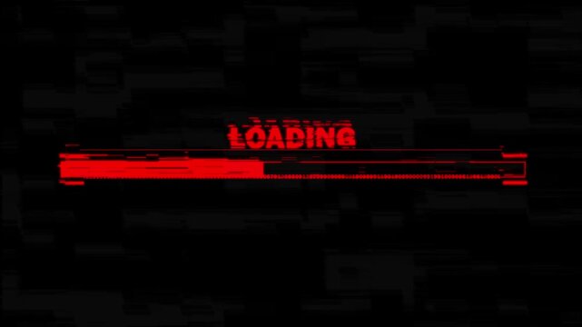 Red digital loading bar progress animation with binary code overlay on dark glitch background technology