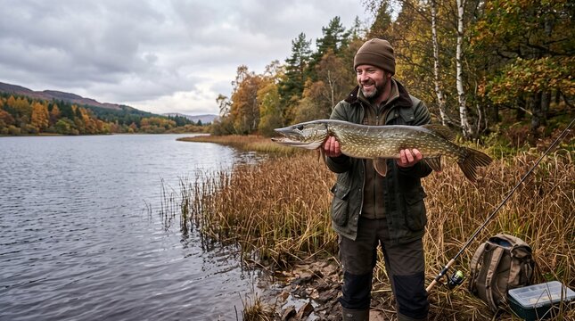 Smiling fisherman holding up a huge caught northern pike beside an autumn lake with fishing rod and tackle during outdoor angling trip