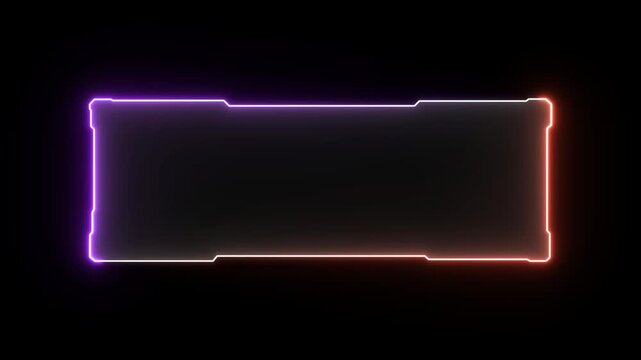 Neon hud rectangular frame with glowing purple and orange light border overlay