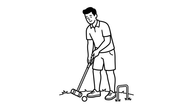 A Man Playing Croquet: A line drawing illustration of a man playing a game of croquet on a lawn, poised to strike the ball with his mallet near the wicket.