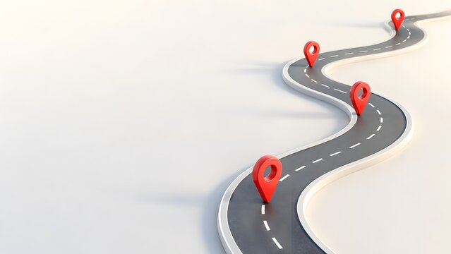 Strategic business roadmap concept featuring winding path with red location pins representing project milestones and customer journey tracking