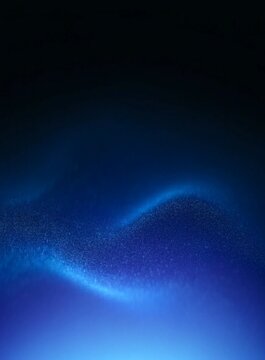 Abstract blue glowing particle wave on dark background, dynamic dust flow and digital frequency pattern for futuristic technology design