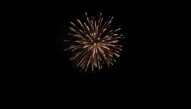 Golden fireworks exploding in the night sky with radiant starburst illumination, sparkling pyrotechnic trails and dramatic black background