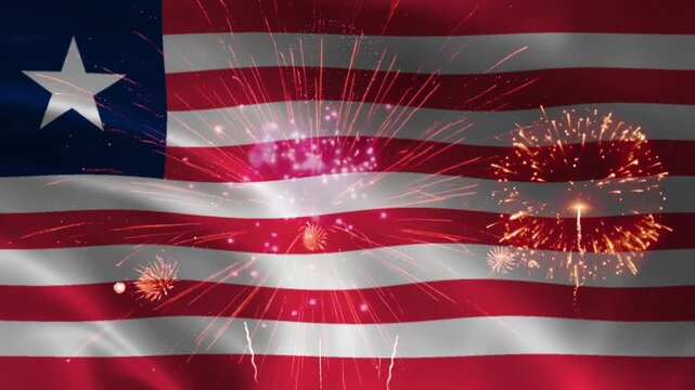 Liberia flag waving with single star canton and stripes, fireworks exploding behind, seamless loop realistic fabric animation on night background wallpaper