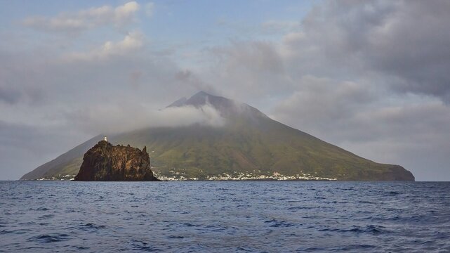 Grey clouds, Strombolichio, small volcanic rock island off Stromboli, Stromboli, mountain, volcano, volcanic island, Stromboli, Aeolian Islands, Lipari Islands, Sicily, Italy