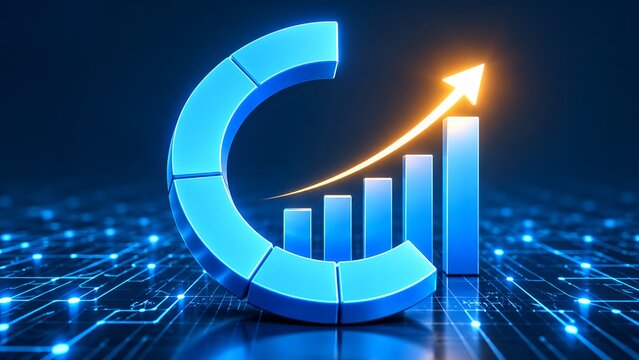 Futuristic glowing blue circular graph with rising orange arrow representing digital data analytics and technological growth