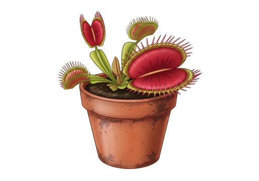 Venus flytrap plant in terracotta pot with open trap
