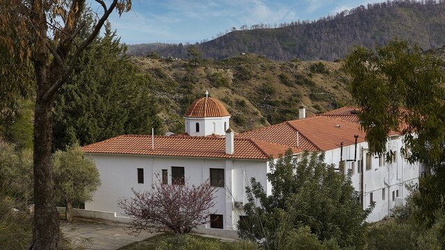 White monastery building in a hilly landscape, Monastery Thari, Moni Thari, near Gadouras reservoir, lonely mountain region, Rhodes, Dodecanese, Greek Islands, Greece