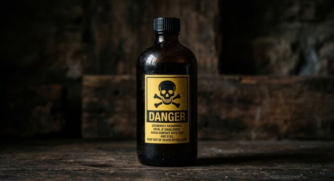 Dark Glass Bottle with Danger Skull and Crossbones Label.