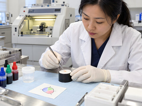Mohs histotechnologist orienting a small skin cancer specimen for frozen section margin mapping in the laboratory