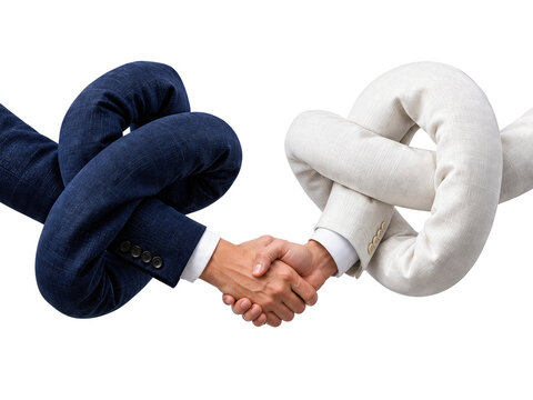 Twisted business arms shaking hands in partnership concept.