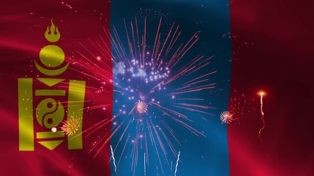 Mongolia flag waving with Soyombo symbol and fireworks bursts, seamless loop realistic cloth animation on night sky background, national day celebration wallpaper