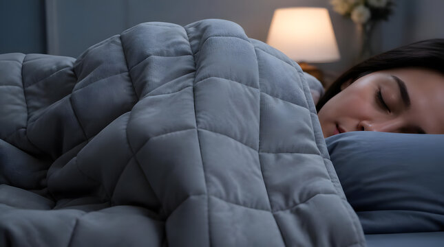 Person sleeping peacefully under weighted gray blanket on soft bed sheets cozy bedroom setting at night