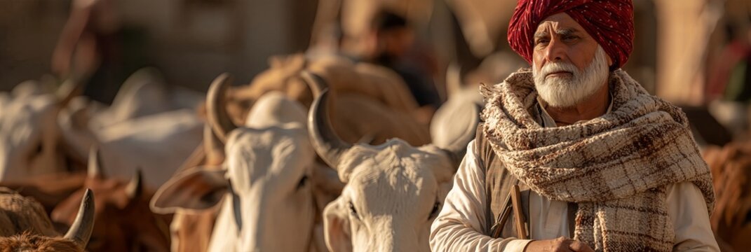 Man herder looking at camera with cattle. Older man wearing a turban and shawl, standing among his cattle