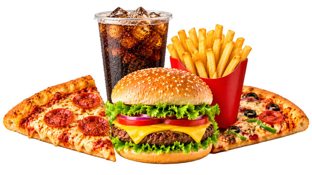 Fast food meal combo with cheeseburger pizza fries and iced drink