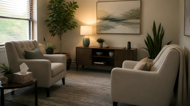 Therapist facilitating therapy session cozy well lit room plush chairs open shelf decorative items greenery neutral color palette relaxation