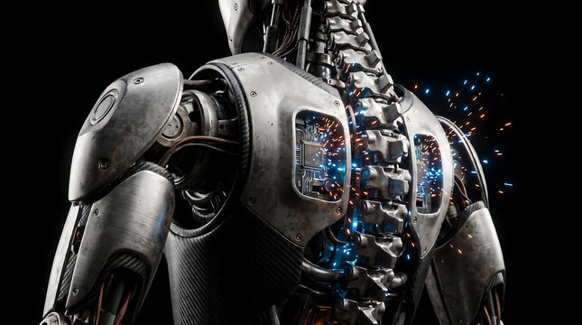 Close up of a humanoid robot torso showing the mechanical spine and futuristic technology on a black background