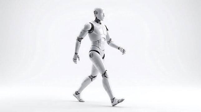 Futuristic white humanoid robot walking in profile view showcasing artificial intelligence and modern technology