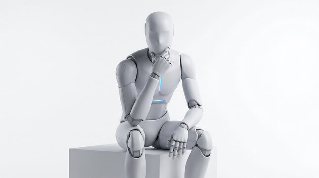 White humanoid robot sitting in a contemplative thinking pose on a cube against a white background, representing advanced artificial intelligence