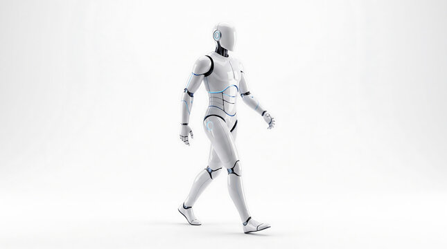 Futuristic humanoid robot walking forward on a clean white background representing advanced artificial intelligence and automation technology concepts
