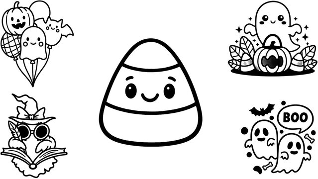 Candy corn character centers this collection of black and white Halloween themed vector icons for seasonal holiday crafts.