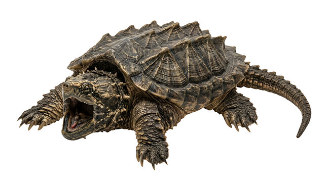 Aggressive Alligator Snapping Turtle with Open Mouth and Spiky Shell, Large Freshwater Reptile Displaying Defensive Posture, Realistic Macro Wildlife Isolated on White Background for Design