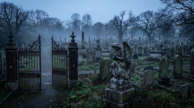 Old cemetery entrance gate with angel statue in misty dark atmosphere during a gloomy blue hour evening