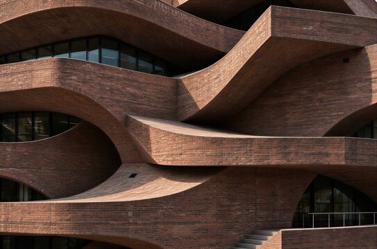 Modern architectural facade with fluid wavy brick layers, futuristic parametric building exterior.