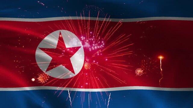 North Korea flag waving with fireworks bursts behind, seamless loop realistic fabric animation on night sky background, national holiday celebration wallpaper