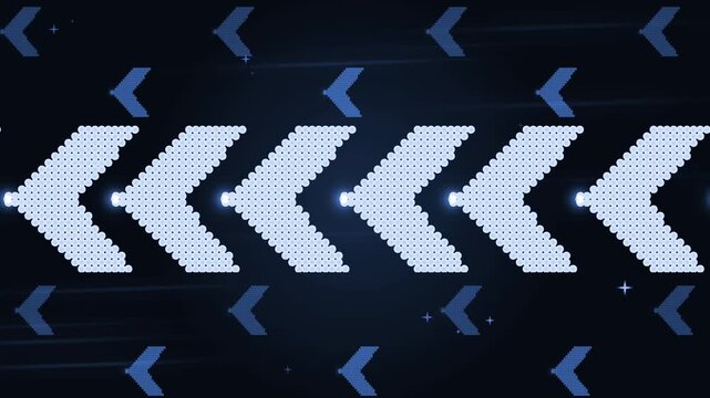 Abstract digital background with glowing left arrows and chevrons on a dark tech screen animation