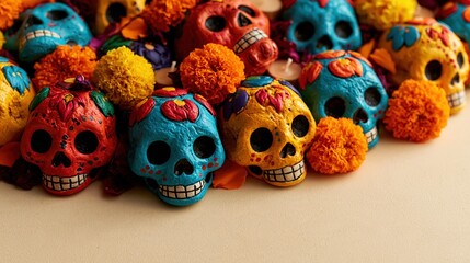 Fototapeta premium Colorful sugar skulls and marigold flowers arranged for Day of the Dead celebration