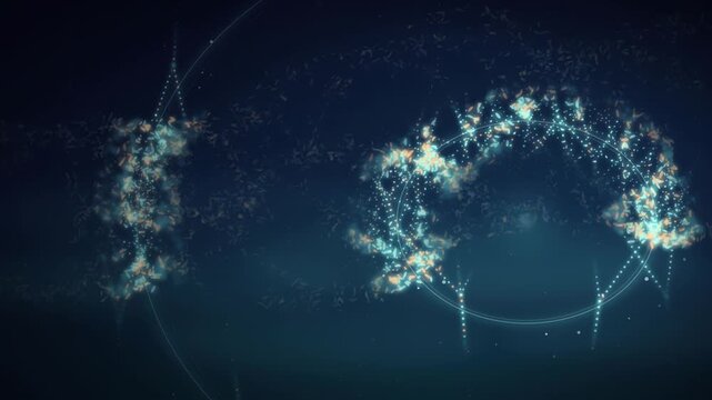 Cinematic night forest sonar pulses revealing glowing teal and amber illuminated trees foliage loop background footage