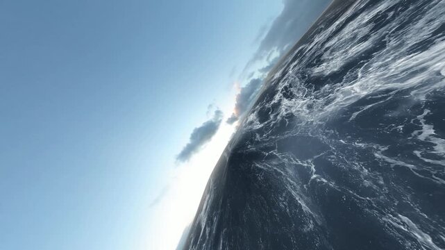 Dynamic Flight Close to the Sea Surface Featuring Strong Banking Turns, Rolling Large Waves and Bright Horizon Light for Thrilling Aerial Adventure and Travel Content