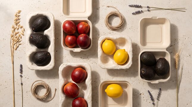 Biodegradable Food Packaging Flatlay with Organic Avocados and Citrus