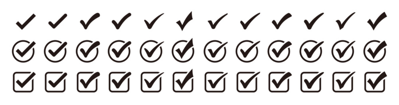 Black check mark icon set with circle and square shapes