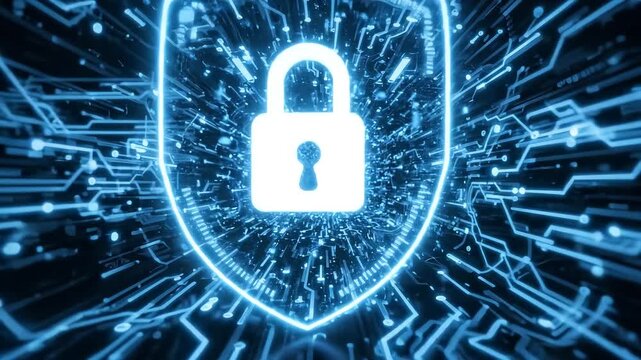 Cyber security concept. Shield With Keyhole icon on digital data background. Cyber data security or information privacy idea. Blue abstract hi speed internet technology. Big data flow analysis.