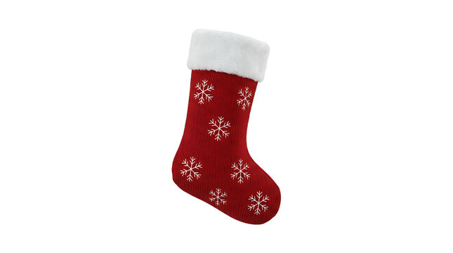 Classic Red Christmas Stocking with White Snowflake Embroidery and Fluffy Faux Fur Trim, Traditional Festive Holiday Decoration Isolated on White Background for Seasonal Winter Celebration Designs