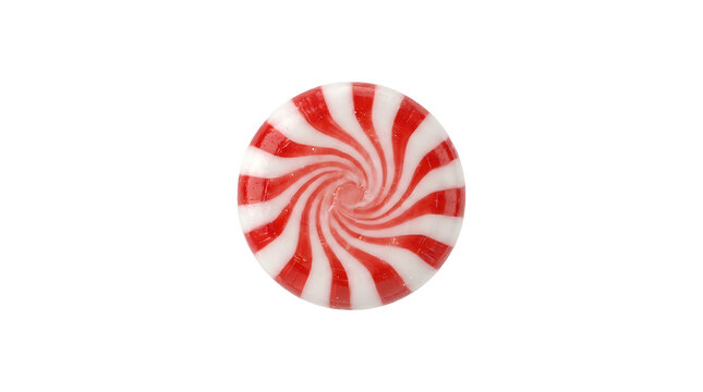 Classic red and white swirl peppermint candy isolated on white background. Sweet hard candy with spiral pattern, traditional Christmas treat and holiday snack on transparent background.